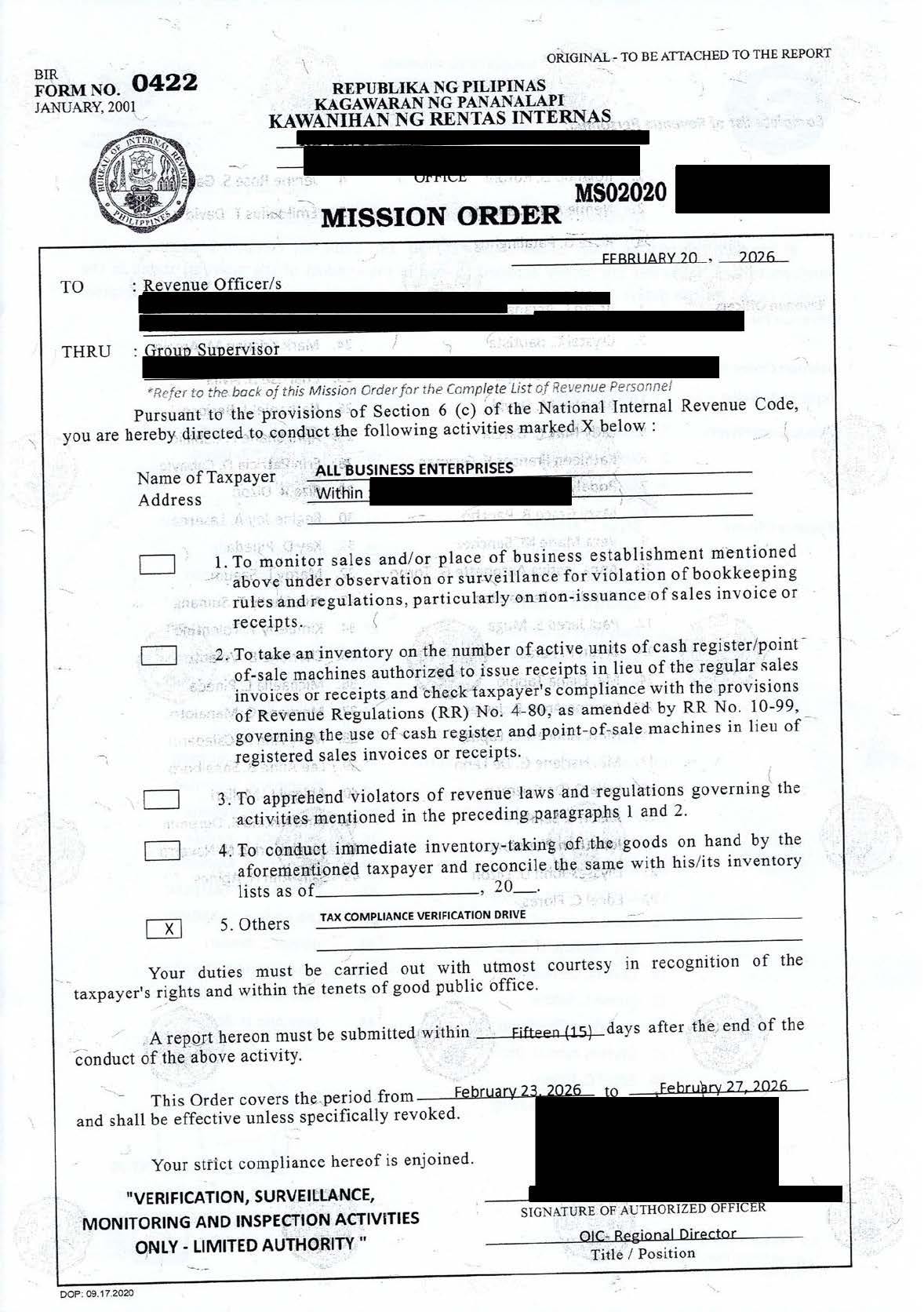 Mission Order Page 1